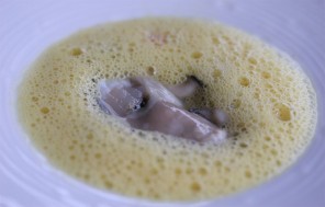 Ostra a la plancha con agua espumada y crema de cebolleta